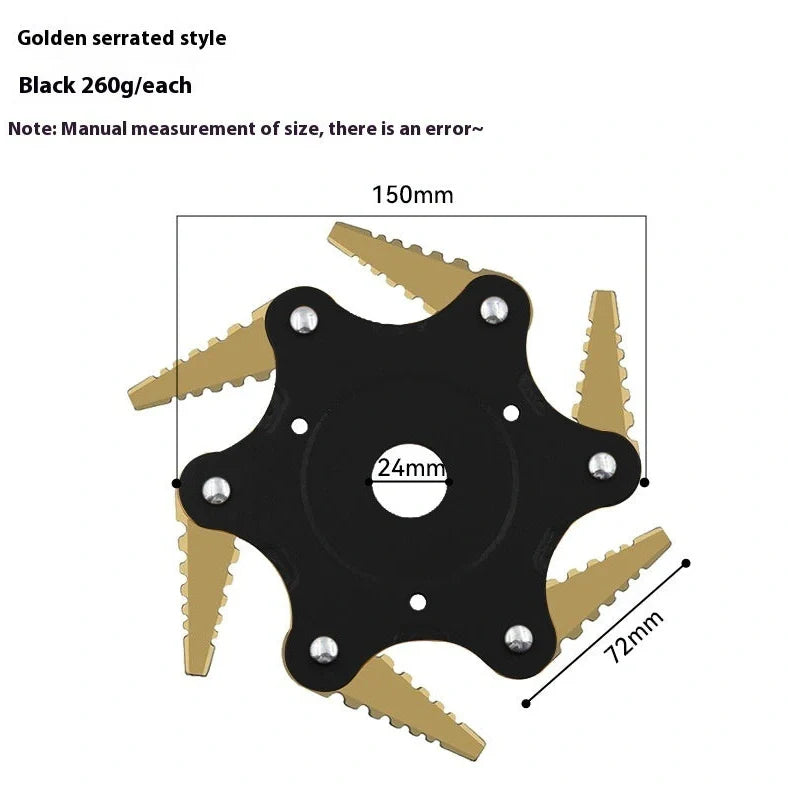 Agricultural alloy six-leaf knife grass head with black flat tooth blades and 28cm cutting diameter