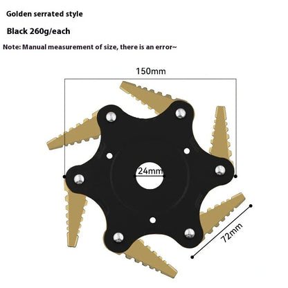Agricultural alloy six-leaf knife grass head with black flat tooth blades and 28cm cutting diameter