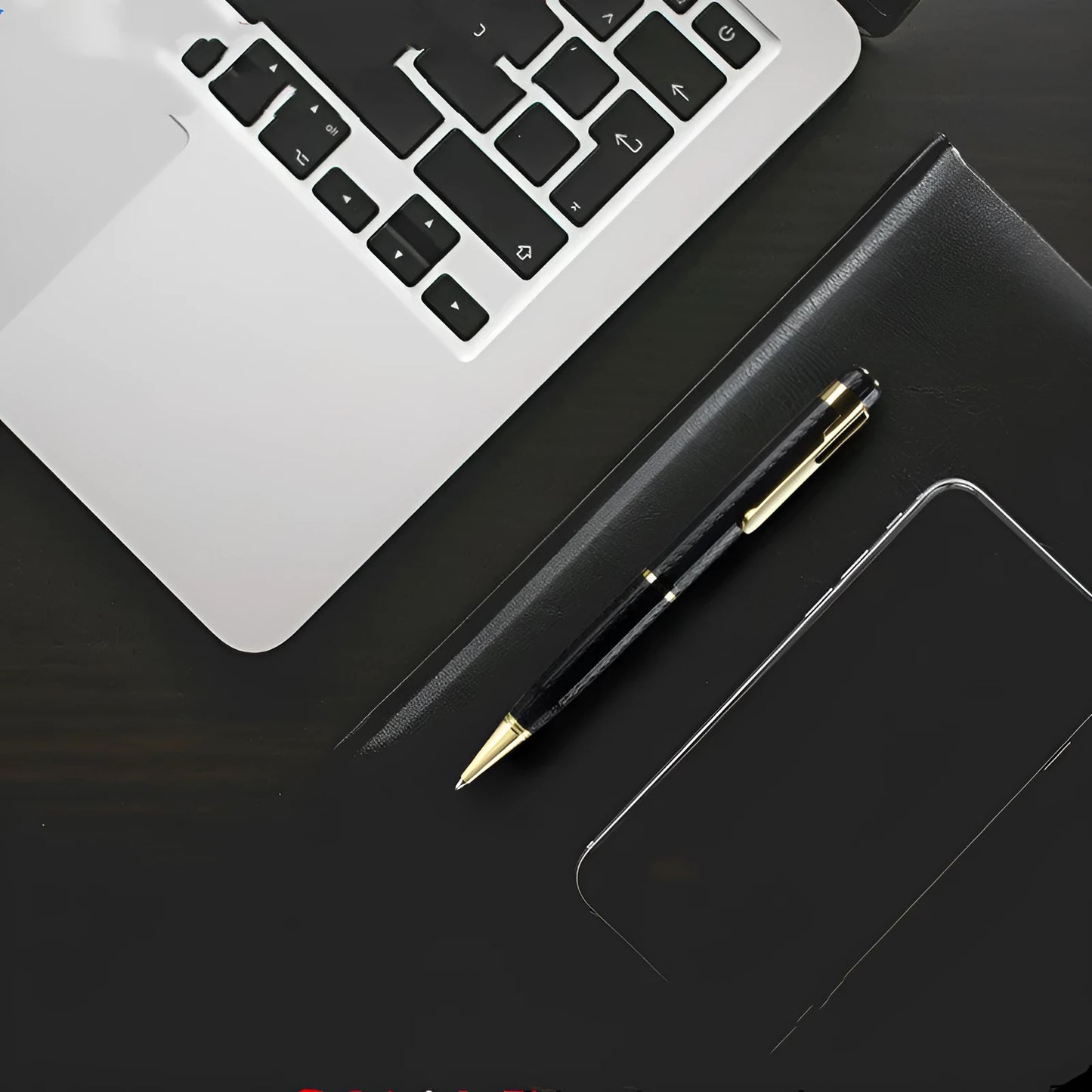 Black pen shaped digital voice recorder with zinc alloy body shown next to included USB cable.