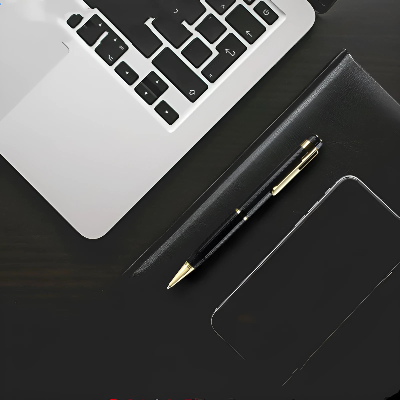 Black pen shaped digital voice recorder with zinc alloy body shown next to included USB cable.