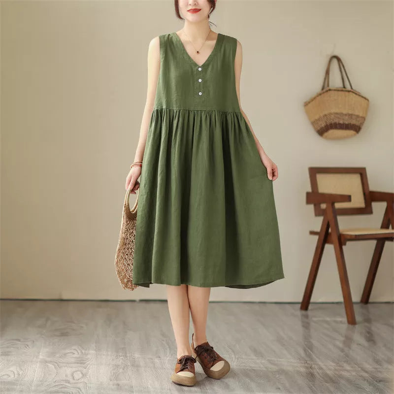Japanese cotton linen sleeveless summer dress in green and beige with V-neck design
