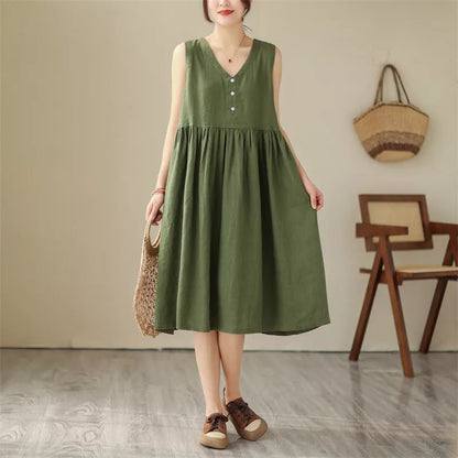 Japanese cotton linen sleeveless summer dress in green and beige with V-neck design