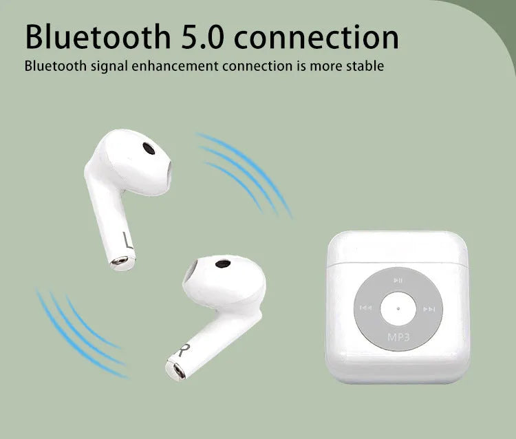 White wireless Bluetooth earphones with semi in-ear design and charging case featuring 32g memory