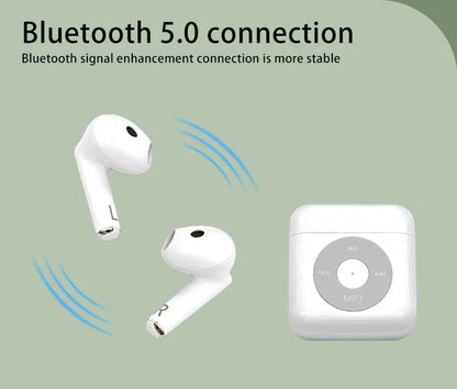 White wireless Bluetooth earphones with semi in-ear design and charging case featuring 32g memory