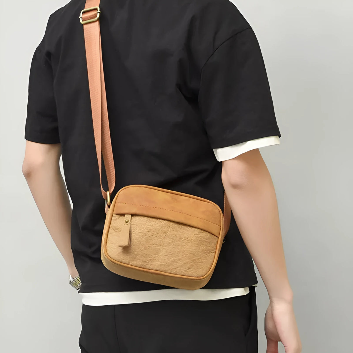 Men's crossbody bag in black, silver or brown, paper outer, polyester lining, waterproof, retro style