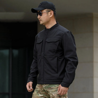 Black camouflage soft shell mountaineering jacket with cardigan style for outdoor sports
