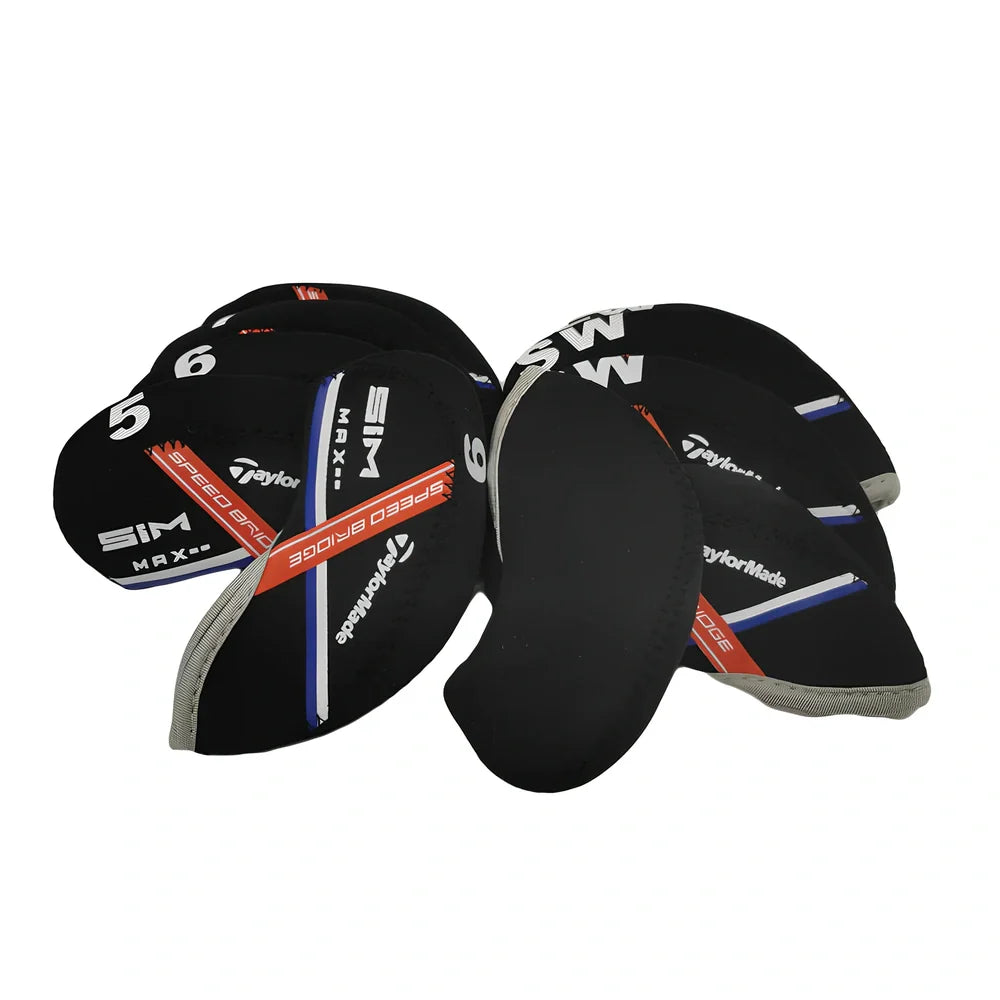 Set of 10 golf iron sleeves in diving material protecting club heads from scratches