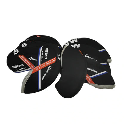 Set of 10 golf iron sleeves in diving material protecting club heads from scratches