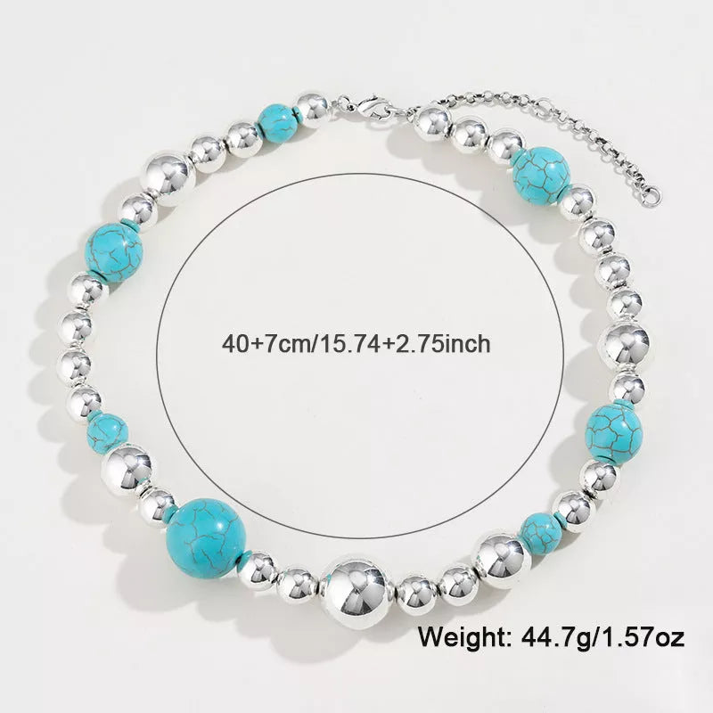 Turquoise beaded necklace and bracelet set for women, European and American style