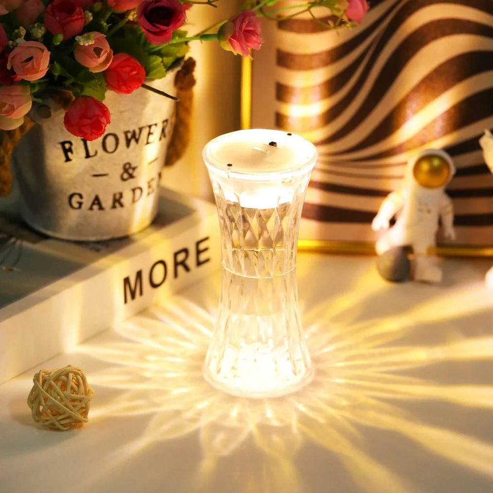 Clear acrylic table lamp with rose petal pattern, 12.2cm height, LED lighting