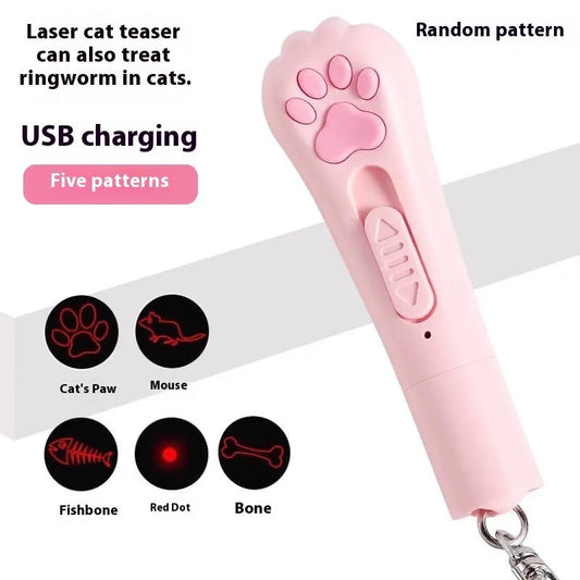 Cat teaser pen light toy with 15cm plastic wand and USB charging cable in cream white colour