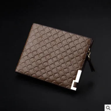 Men's short business wallet in PU leather with embossed plaid pattern, 12 x 9.5cm, black or coffee