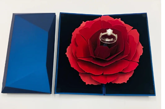 Rotating ring box with embossed paper exterior showing 360-degree mechanism and flannel interior