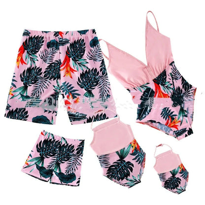 Parent and child matching quick-dry swim sets in green, pink, red colours with swimsuits and trunks