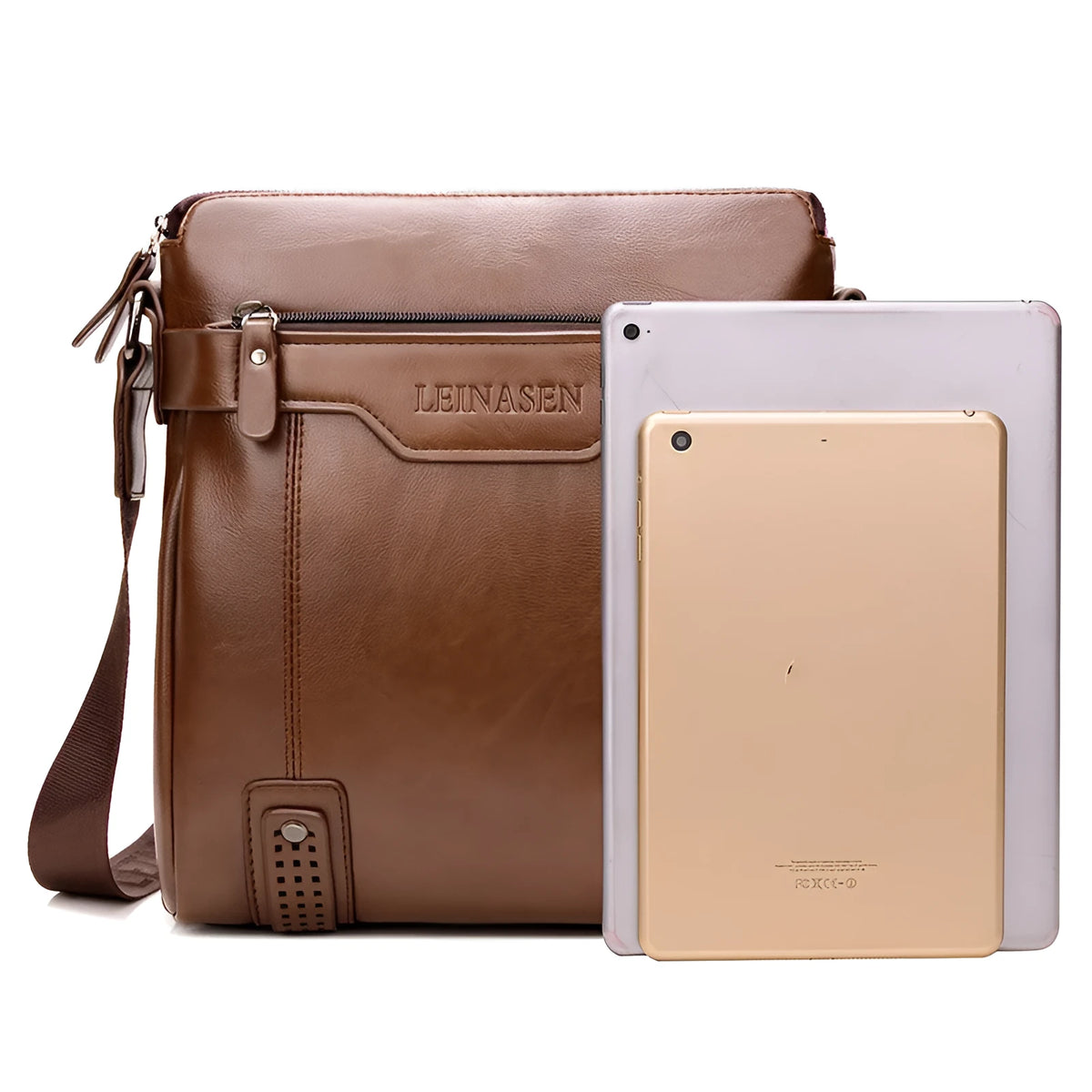 Men's soft messenger shoulder bag with zip closure and polyester lining in black, brown, or khaki