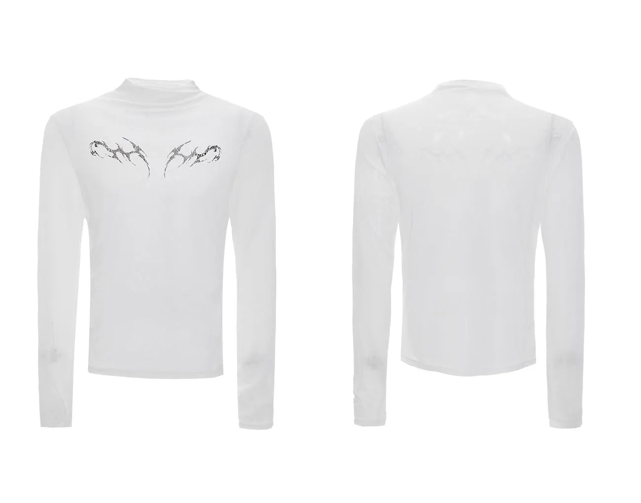 Man wearing a black slim-fit niche mesh long sleeve base layer shirt.