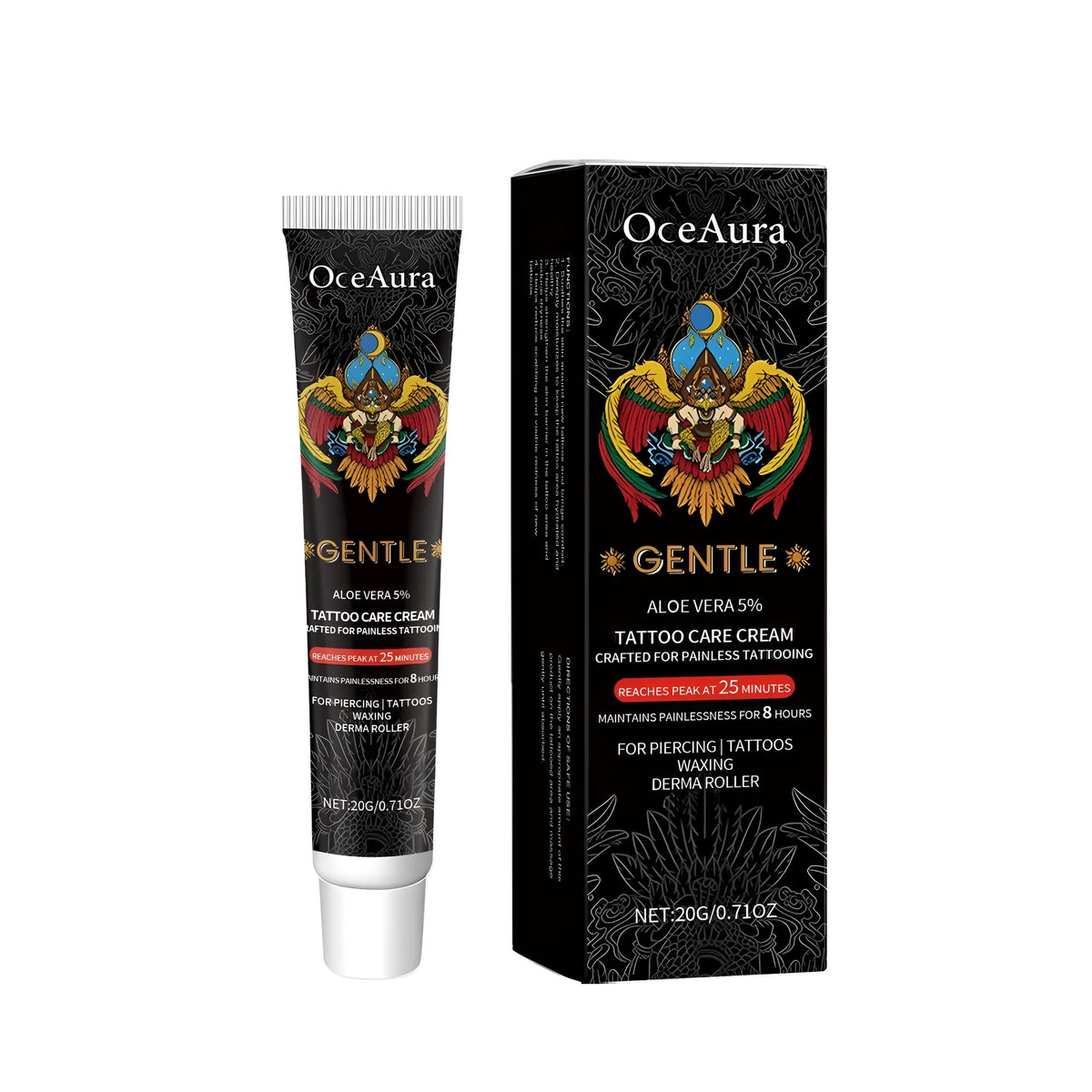 20g tube of gentle tattoo aftercare cream with aloe vera and glycerin formula
