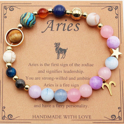 12 Constellation Morgan Stone Beaded Bracelet featuring detailed zodiac signs on 19mm beads