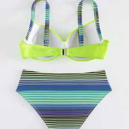 Green printed women's halter bikini set with split-side briefs bottoms