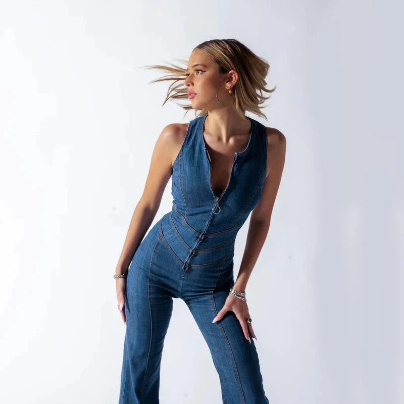 Women's summer slim heart-shape backless denim jumpsuit with halter neck in blue, red, and white