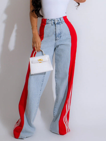 Stylish high-waist denim trousers with patchwork design, available in various color options
