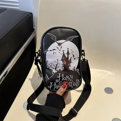 Halloween graffiti print crossbody bag in black with pumpkin, ghost, and bat designs, measuring 14x23x9.5cm