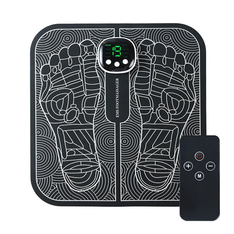 Blue rechargeable foot massager mat with reflexology nodes and remote control on wooden floor