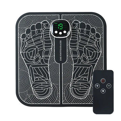 Blue rechargeable foot massager mat with reflexology nodes and remote control on wooden floor