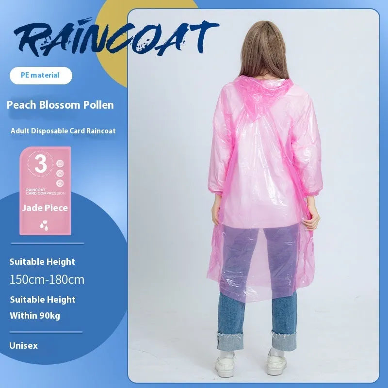 Disposable full body card raincoat in purple colour showing folded portable format
