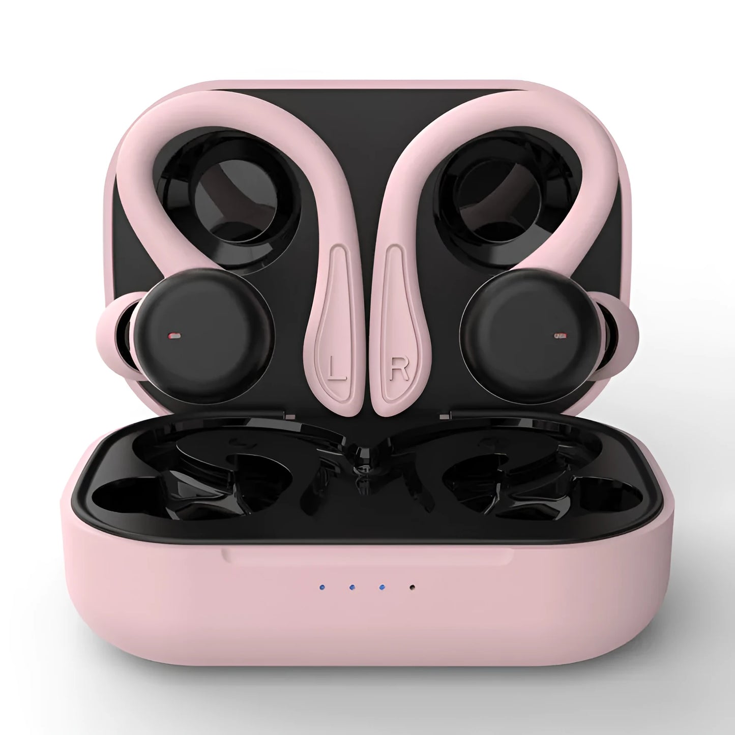 Sports true wireless hanging ear earphones in black, with removable ear hooks and multiple silicone earbuds.