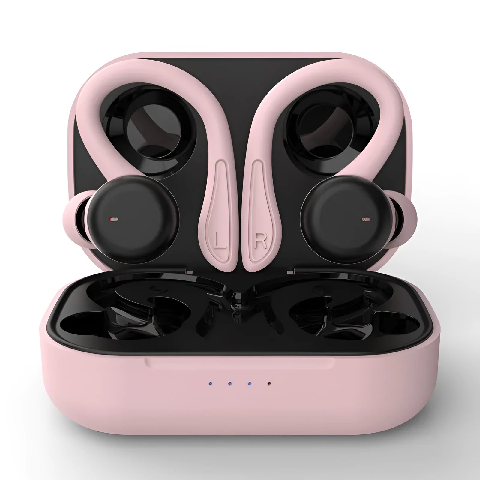 Sports true wireless hanging ear earphones in black, with removable ear hooks and multiple silicone earbuds.