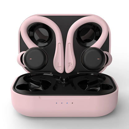 Sports true wireless hanging ear earphones in black, with removable ear hooks and multiple silicone earbuds.
