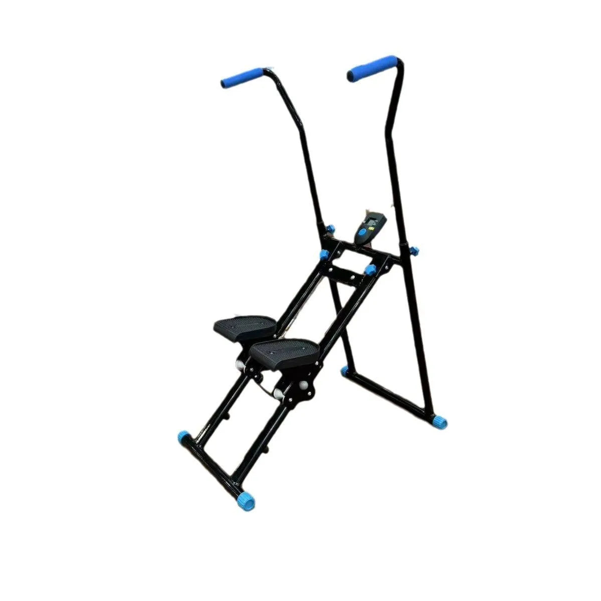 White foldable treadmill with integrated climbing frame for home fitness, showing compact storage design