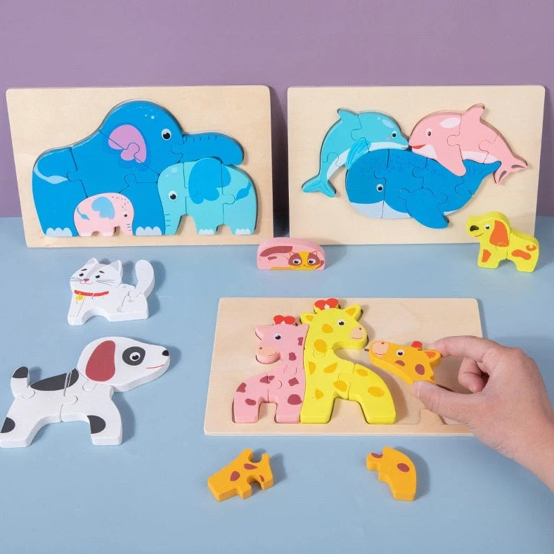 Children assembling wooden 3D puzzle model of dolphin family with 20-30cm dimensions