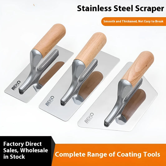 Stainless steel putty scraper with a wooden handle, shown with different blade size options for floor and wall work.