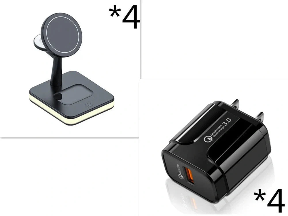 Black three-in-one wireless charger magnetic bracket on a desk charging multiple devices