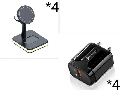 Black three-in-one wireless charger magnetic bracket on a desk charging multiple devices