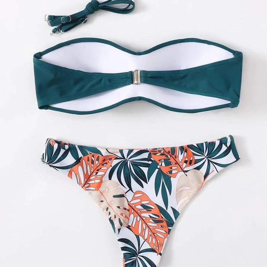 Women's fluorescent green split push-up hard cup bikini swimsuit set with matching briefs.