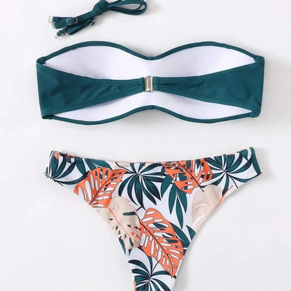 Women's fluorescent green split push-up hard cup bikini swimsuit set with matching briefs.