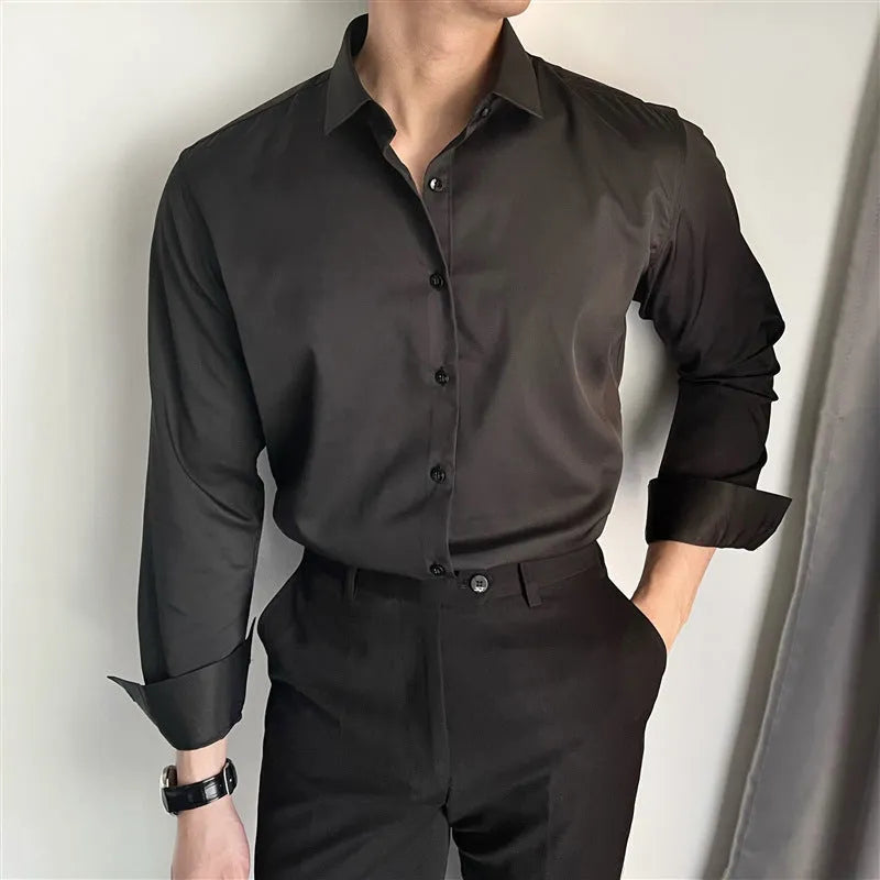 Men's slim fit long sleeve casual shirt in a solid colour, shown in a cardigan style.