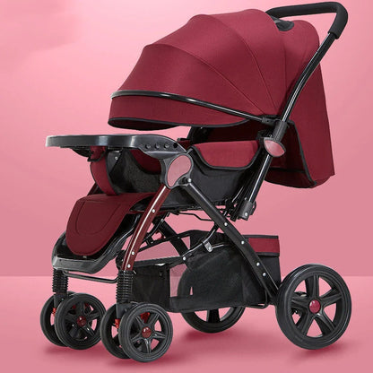 Baby stroller with reversible seat in sky blue colour showing folded and unfolded configurations