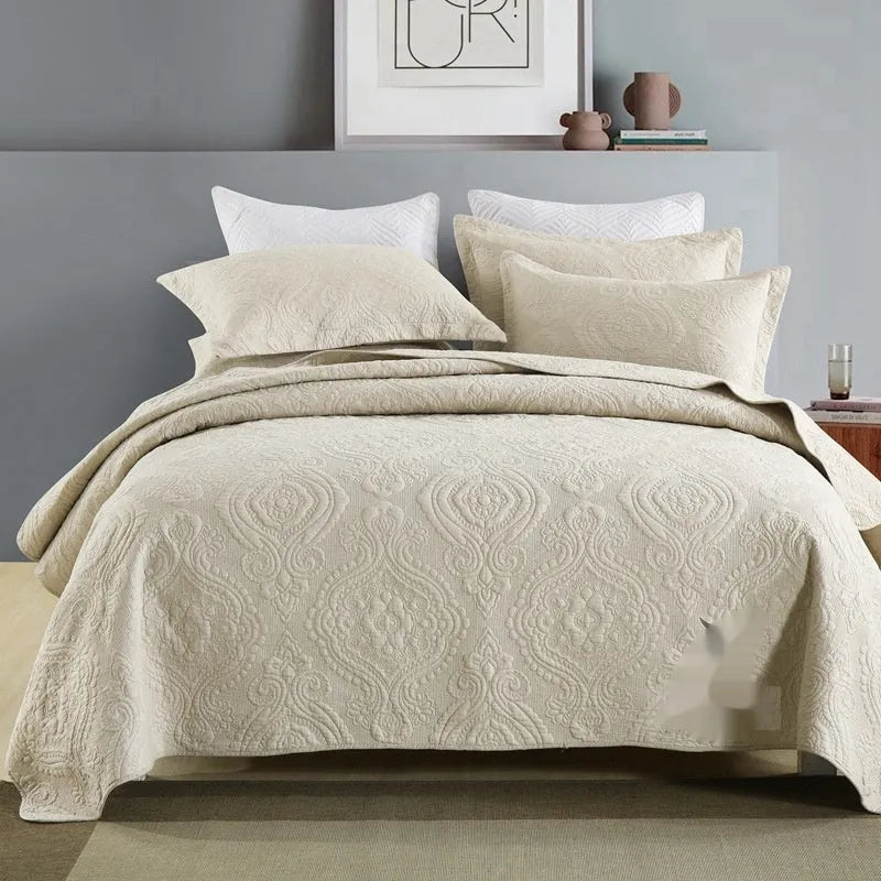 Double-sided pure cotton bed cover three-piece set with Damascus pattern in beige and yellow colour scheme
