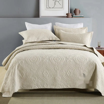 Double-sided pure cotton bed cover three-piece set with Damascus pattern in beige and yellow colour scheme
