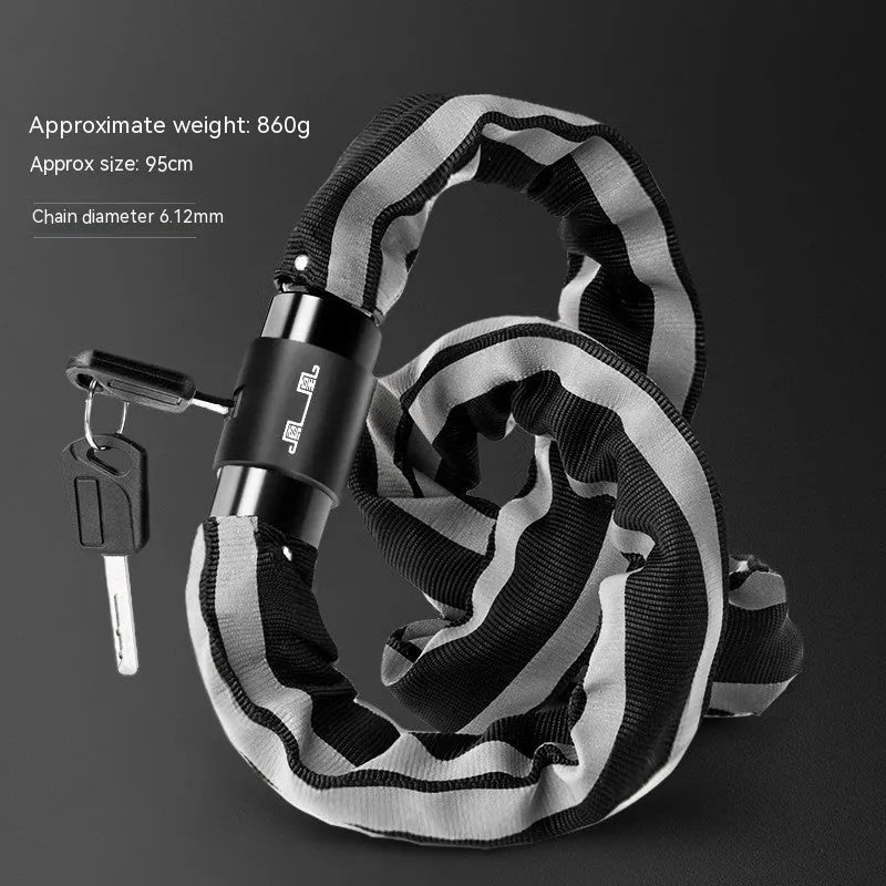 95cm black zinc alloy bicycle chain lock with anti-hydraulic shear protection shown securing a mountain bike