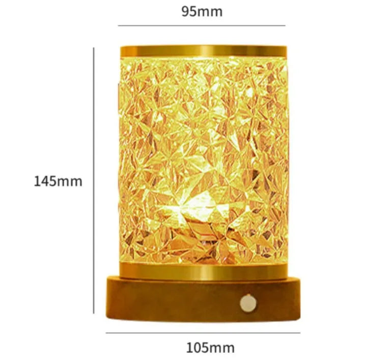 Rotating water ripple night light with acrylic construction and solid wood base measuring 9.5x14.5x10.5cm