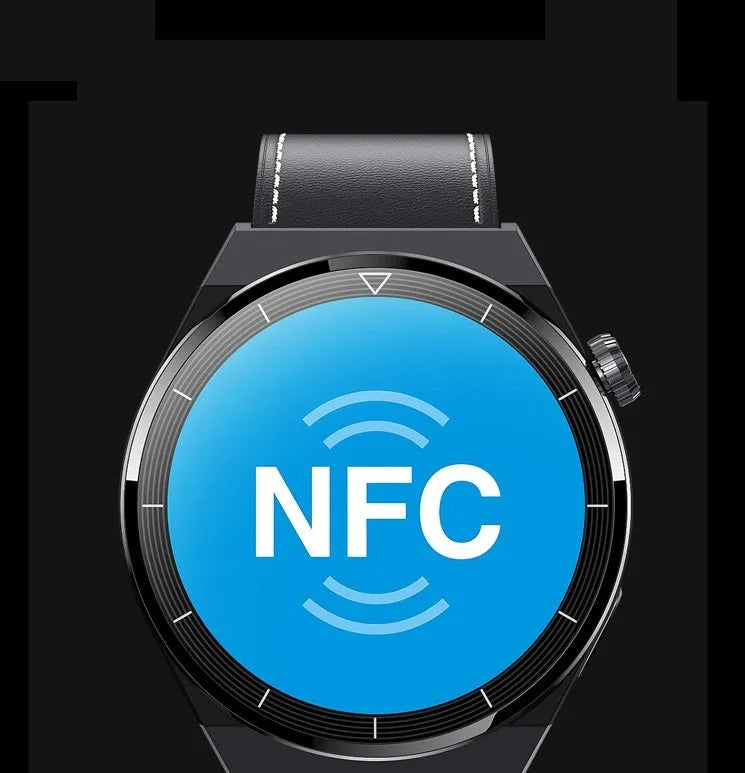 Round black Bluetooth smartwatch with NFC and a silicone strap on a wrist.