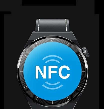 Round black Bluetooth smartwatch with NFC and a silicone strap on a wrist.