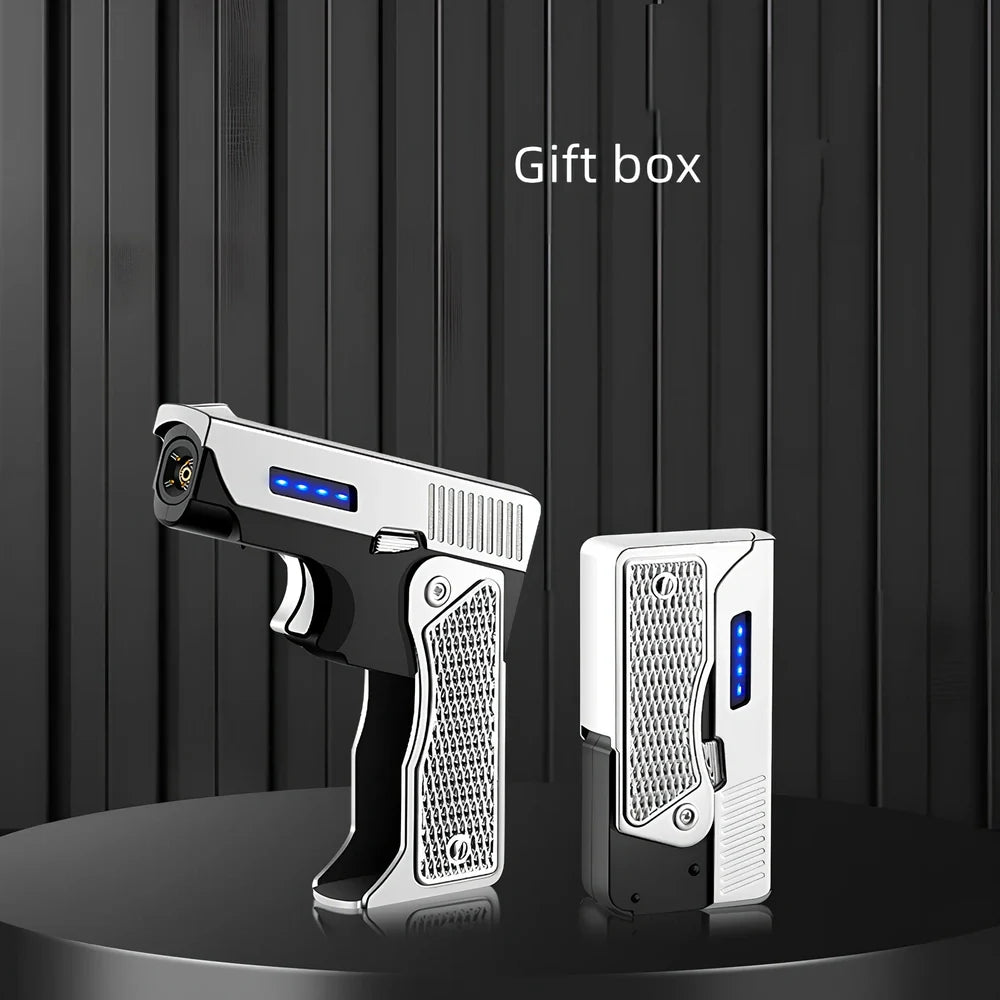 Foldable wind proof lighter showing extended and folded positions with USB charging cable