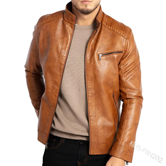 Men's brown artificial leather punk motorcycle jacket with a stand collar and straight hem on a hanger.