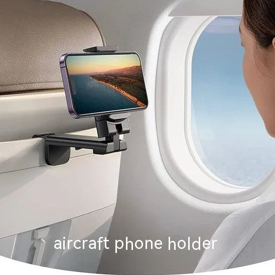 Black foldable rotating phone holder stand on a desk, showing universal phone compatibility and adjustable angles
